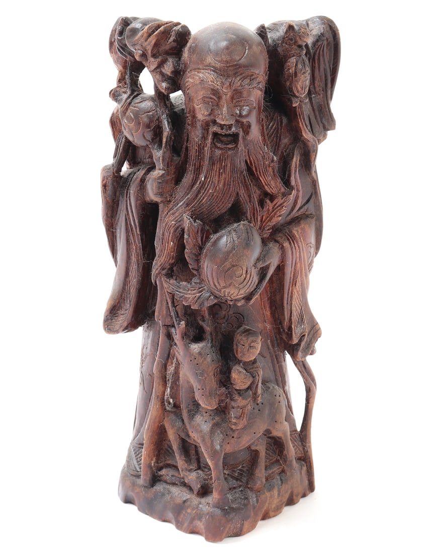 Chinese Carved Wood Shou Lao Deity Sculpture: Very nice wood sculpture of Shou Lao, the god of longevity and peaches. A small child rides on a deer below him. Size 8 3/4" H, Weight 1 lb 13.6 oz