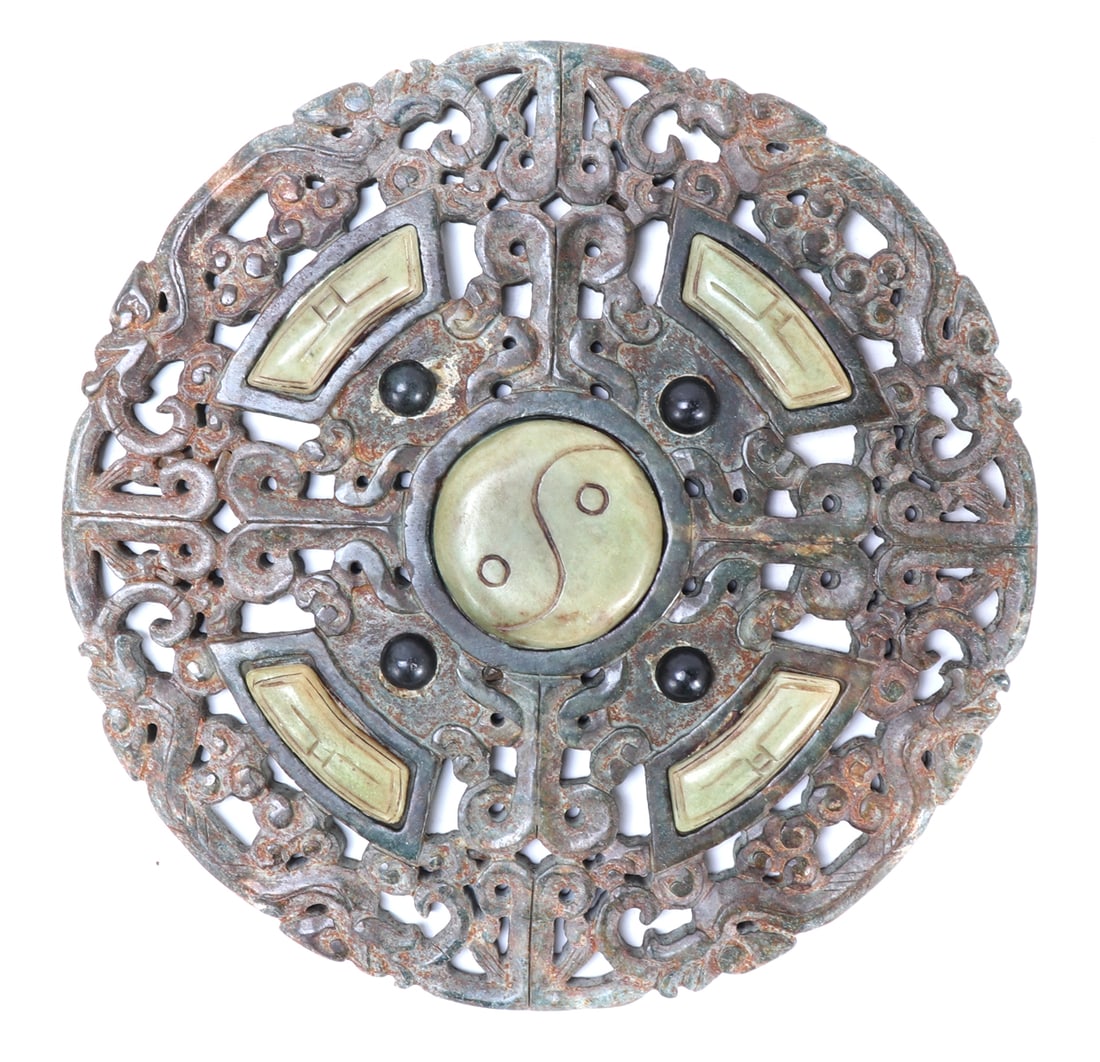 Chinese Hardstone Openwork Wall Plaque: Wonderful Chinese hardstone wall plaque with jade style carved stone applied to the front. Center most pendant carved from a single piece of light green stone similar to jade, with four additional gre