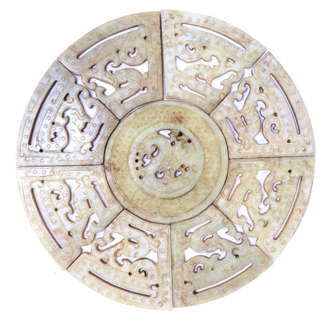 Chinese White Hardstone Reticulated Plaque: Chinese intricately carved and detailed openwork plaque made from several sections of a white hard stone similar to a white jade. Phoenix or dragon zoomorphic beasts throughout each plaque. Size each 