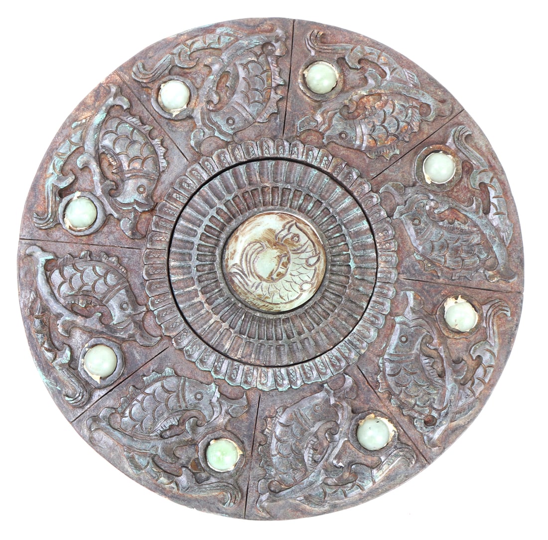 Chinese Reticulated Hardstone Koi Plaque: Handsomely detailed Chinese hardstone carved plaque with koi fish in high relief throughout the entirety of the face of the plaque, center piece is moveable and can be rotated in the center. Jade styl