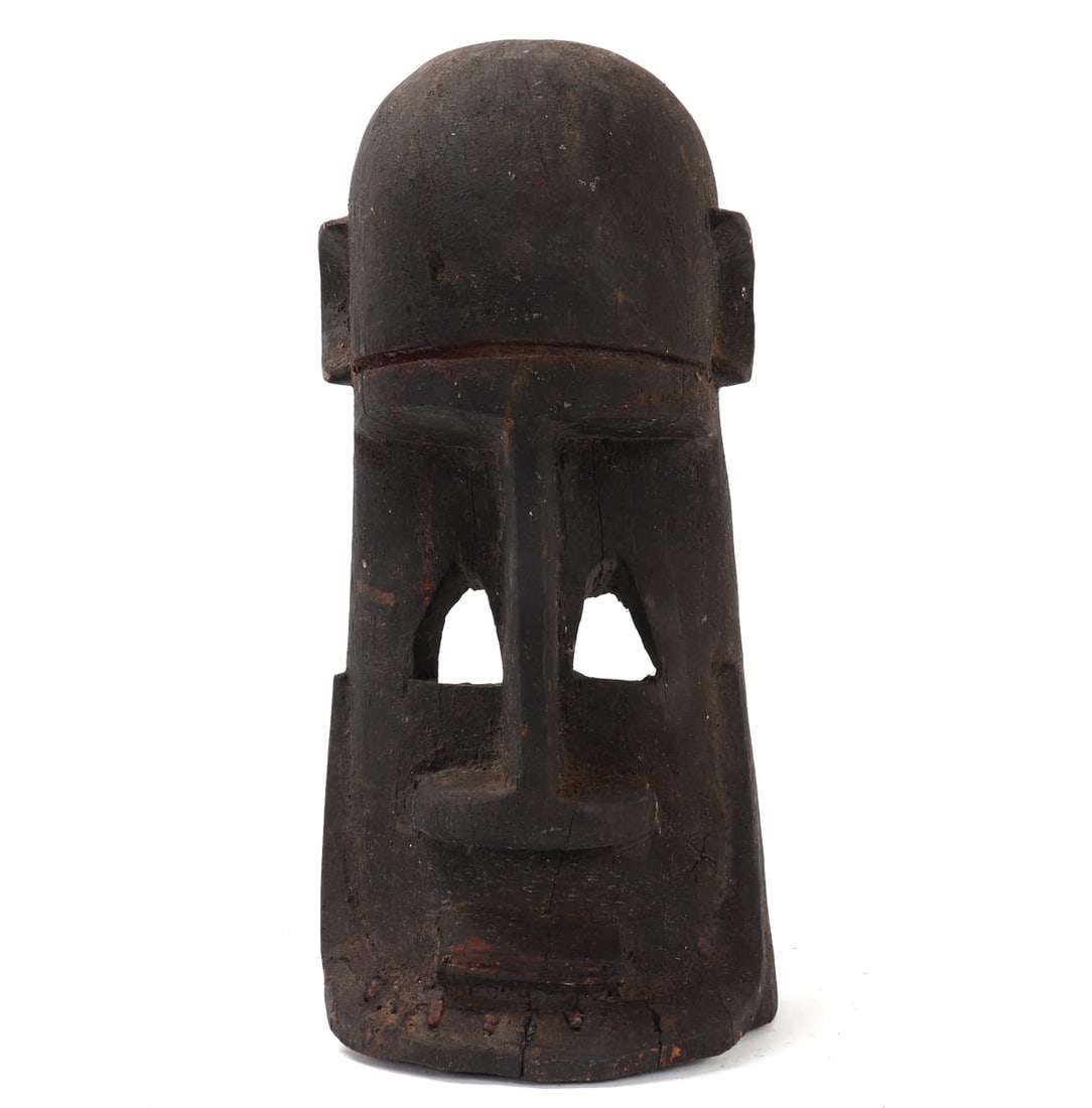 African Wood Carved Tribal Mask: Handsome tall African wood carved tribal mask with a dome shaped head with ears high on the sides. Triangular shaped open eyes with a long protruding nose and slightly plump lips. Fine aged patina thr