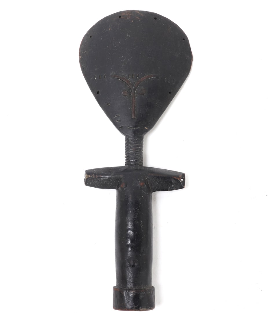 Ashanti Akua'ba Fertility Doll, Ghana: Ashanti fertility doll from Ghana, West Africa, hand-carved in wood with a dark patina. Figure features the distinctive large, flat, disc-shaped head, elongated, ringed neck, and stylized body represe