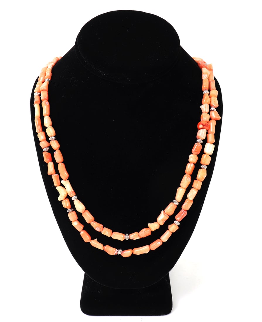 Gorgeous Natural Coral & Sterling Silver Necklace: Lovely all natural polished coral segments with lovely sterling silver spacer accent beads in between. Dual stranded with sterling silver clasp. Size 22" L, weight 55g
