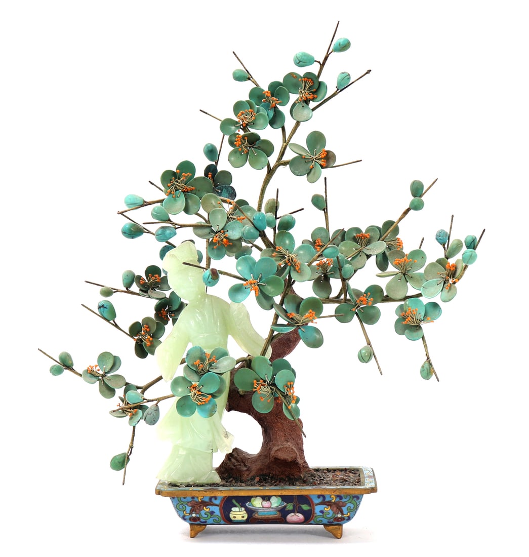 Beautiful Chinese Cloisonne and Persian Turquoise Tree: Beautiful Chinese cloisonne and Persian turquoise tree with a serpentine figure of Guanyin standing under the tree. Blue background cloisonne dish with raw copper based feet and rim. Beautiful Persian
