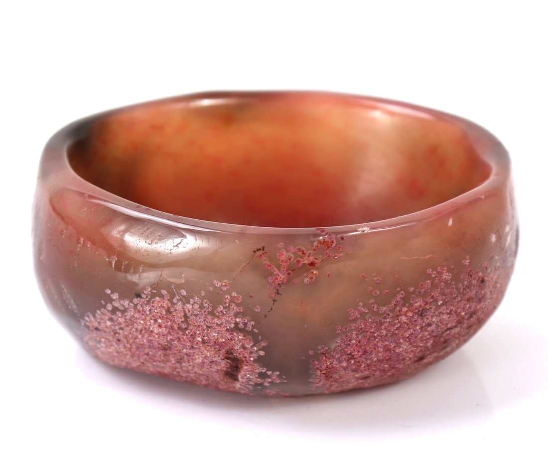 Beautiful Pink & Auburn Agate Bowl: Beautiful crystal agate polished bowl with lovely pink crystals throughout the bottom, smoothed concave center for holding jewelry or other crystals or other nic-naks. Size 3" L x 2 1/2" W, weight 260