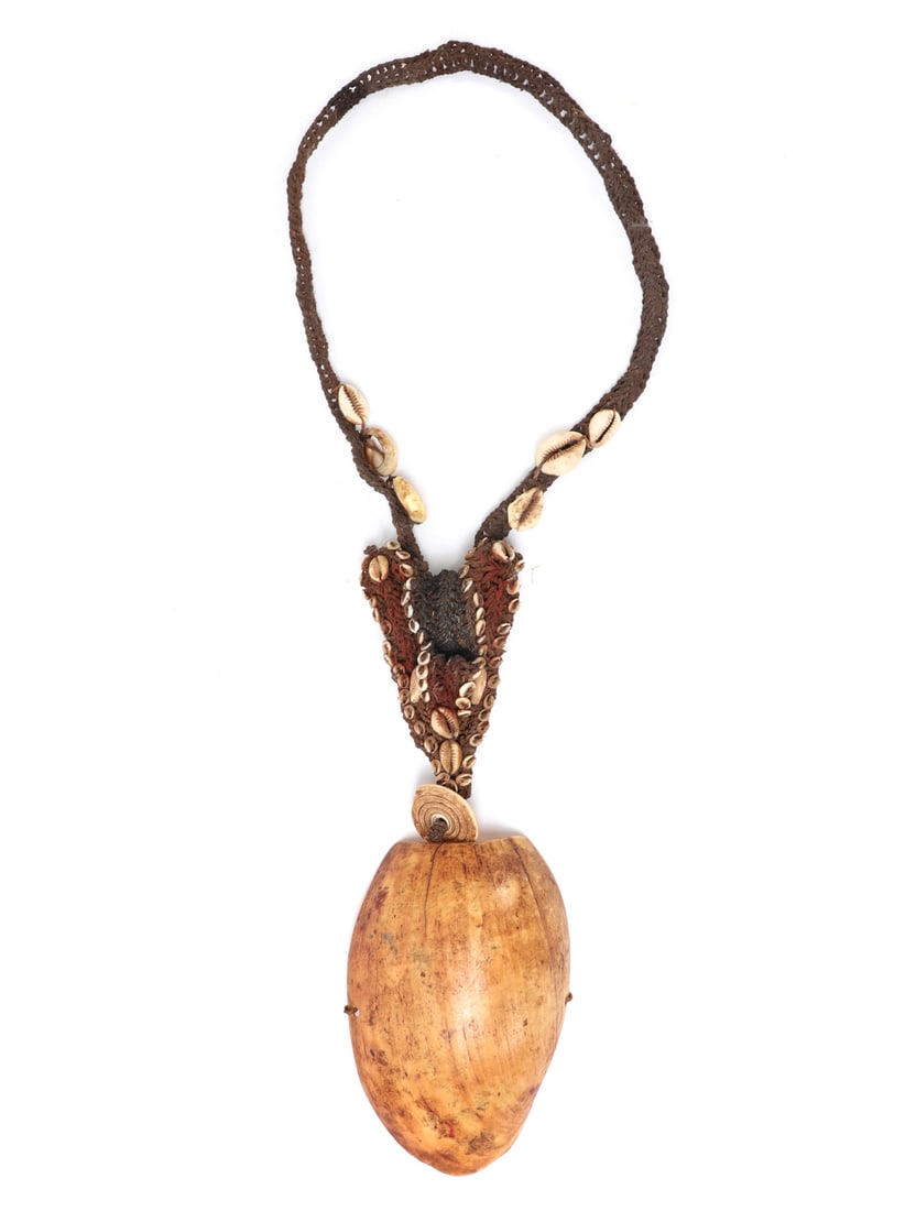 Fiber Shell & Bone Necklace, PNG: Papua New Guinea fiber braided necklace, adorned with various sized cowrie shells with one large shell central pendant. Size 23 5/8" L