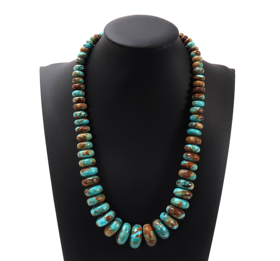 Lovely Turquoise Disc Beaded Necklace: Beautiful light green and brown marbled turquoise disc beaded necklace with incredible marbling throughout. Each bead perfectly shaped and polished throughout. Size 17 1/2" L