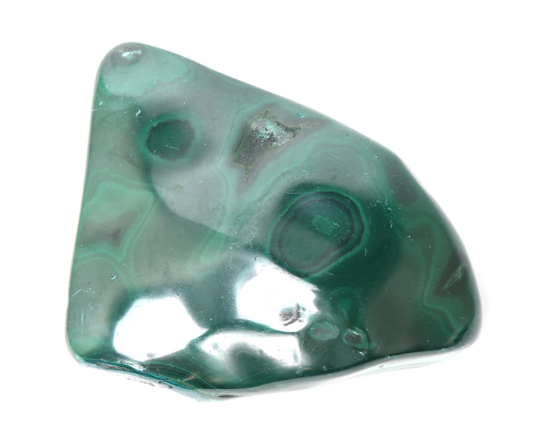 Beautiful Malachite Mineral Specimen: Wonderful polished malachite mineral specimen in raw form. Vivid pools of deep forest green to light green coloring throughout. Size 3 1/4" W x 2 1/2" L