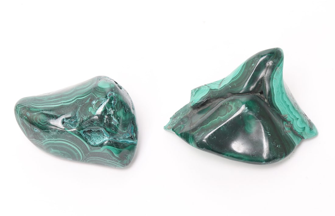 Two Lovely Polished Pieces of Malachite: Beautiful raw sections of malachite polished and smooth, one with a shark fin like protrusion. Deep forest green to beautiful bright turquoise striping throughout. Size of larger piece 3 1/4" W