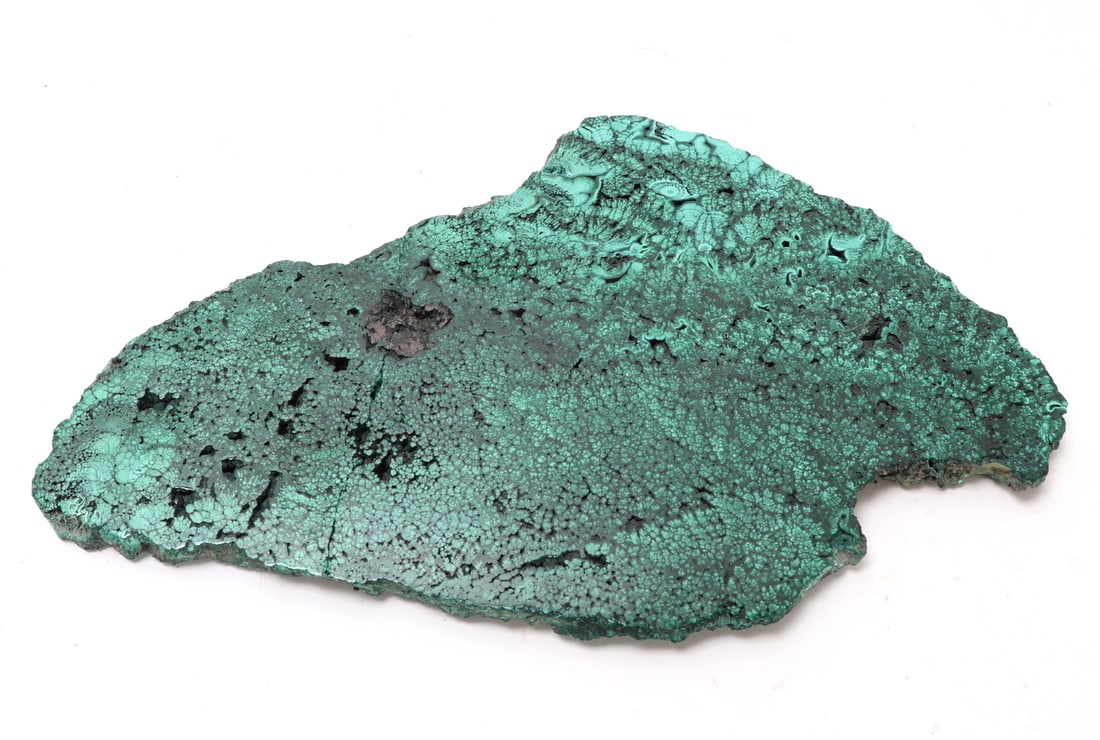 Very Nice Deep Green Malachite Slab: Lovely deep to light green malachite mineral slab. Natural water droplet and wave looks throughout this lovely slab. Size 9 1/8" W x 5 5/8" H