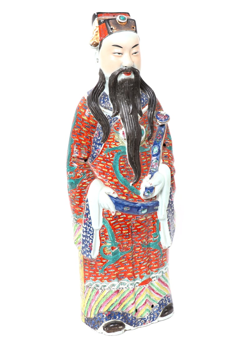 Chinese Porcelain Lu Xing Divinity Figure: Chinese Porcelain figure of Immortal Lu Xing in famille rose. Lu Xing wearing bright orange robes intricately decorated in rose patterns and a series of dragons. Mark to the base in oval. 24" H x 8 1/