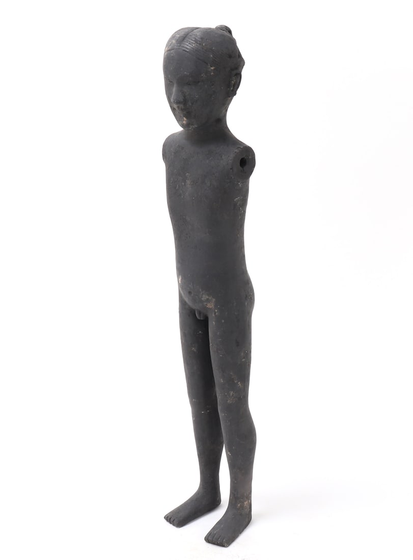 Chinese Earthenware Standing Tomb Figure: Chinese burnt earthenware standing tomb figure depicted in the nude, hair up on in a bun on the top of the figures head. These figures originated in Central China during the Han Dynasty (206 BC –