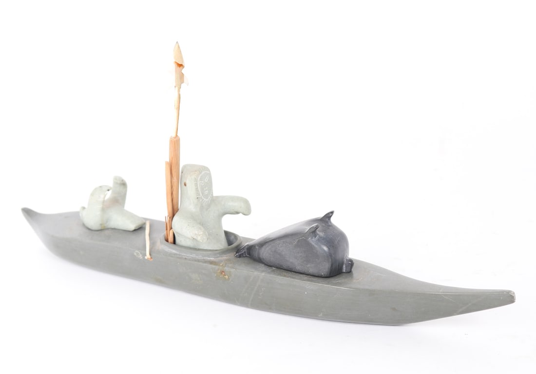 Inuit Kayak & Seal Hunter Stone Carving, Circa 1950-80s (1 of 8)