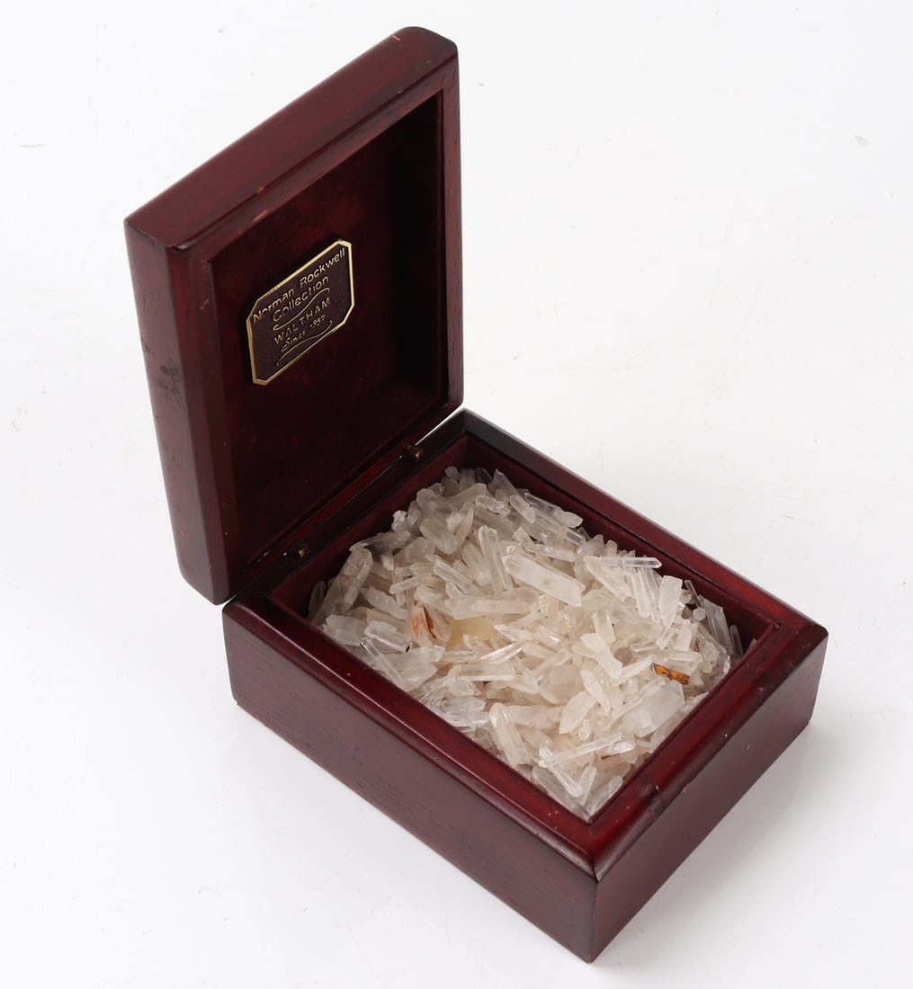Fine Collection of Crystal Quarts Terminals in a Commemorative Maple Wood Box: Fine collection of rock crystal quartz terminals, stored in a lovely maple wood box with a dedication to the Norman Rockwell collection, Waltham since 1857. Size 5" L x 3 1/2" W x 2" H, weight 461g wi