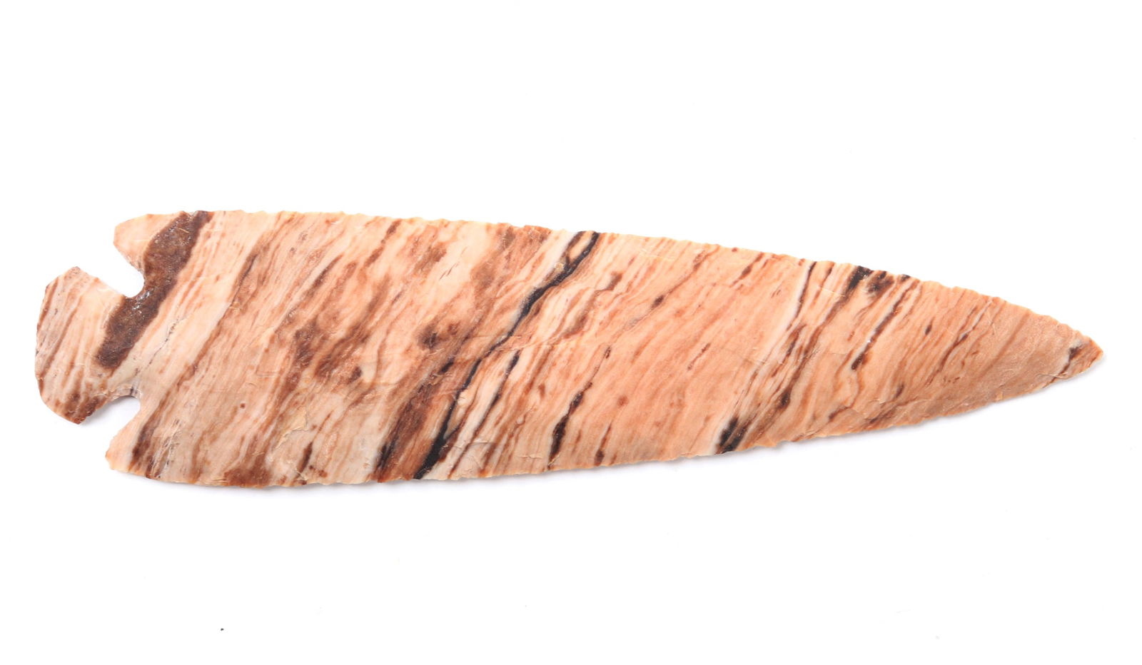 Lovely Hand Knapped Oregon Flint Spearhead: Fine hand knapped spearhead made from Oregon flint. Striped marbling throughout in cream, coral and deep brown colors throughout. Size 5 3/4" Lex- R. Warren, Springfield Missouri collection