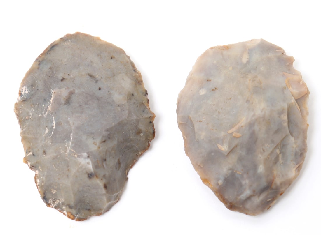 Two Grey Stone Scrapers, Texas: Two fine examples of grey stone scrapers, each formerly exhibited in the Crater Rock Lake museum in Oregon in the 1950's. Size 2 1/2" L largestex-Crater Rock Lake Museum, Oregon 1950's