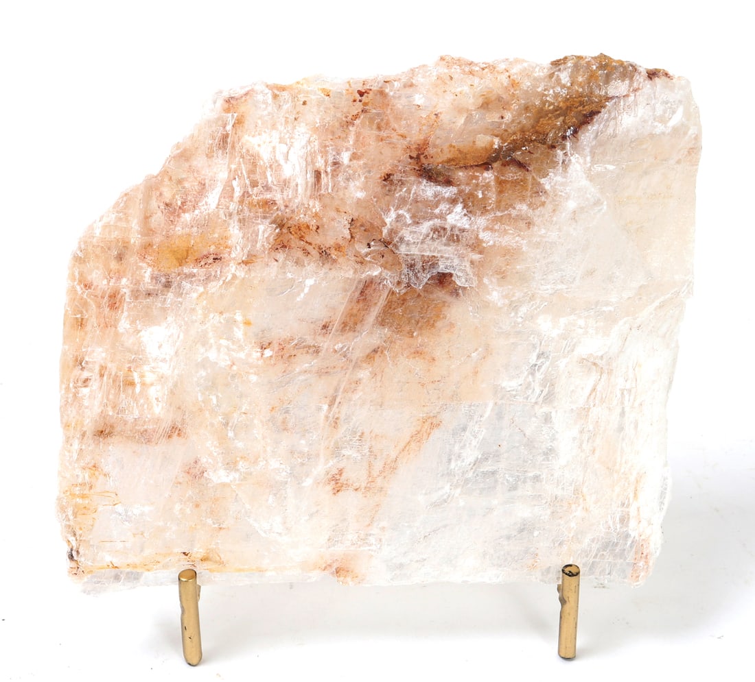 Gorgeous Rose Crystal Quartz Slab on Stand: Amazing rose crystal quartz slab with amazing pink and red coloring throughout with a brilliant translucent section at the base that is crystal clear. Size with stand 5 1/2" W x 5" H, alone 5 1/2" W x