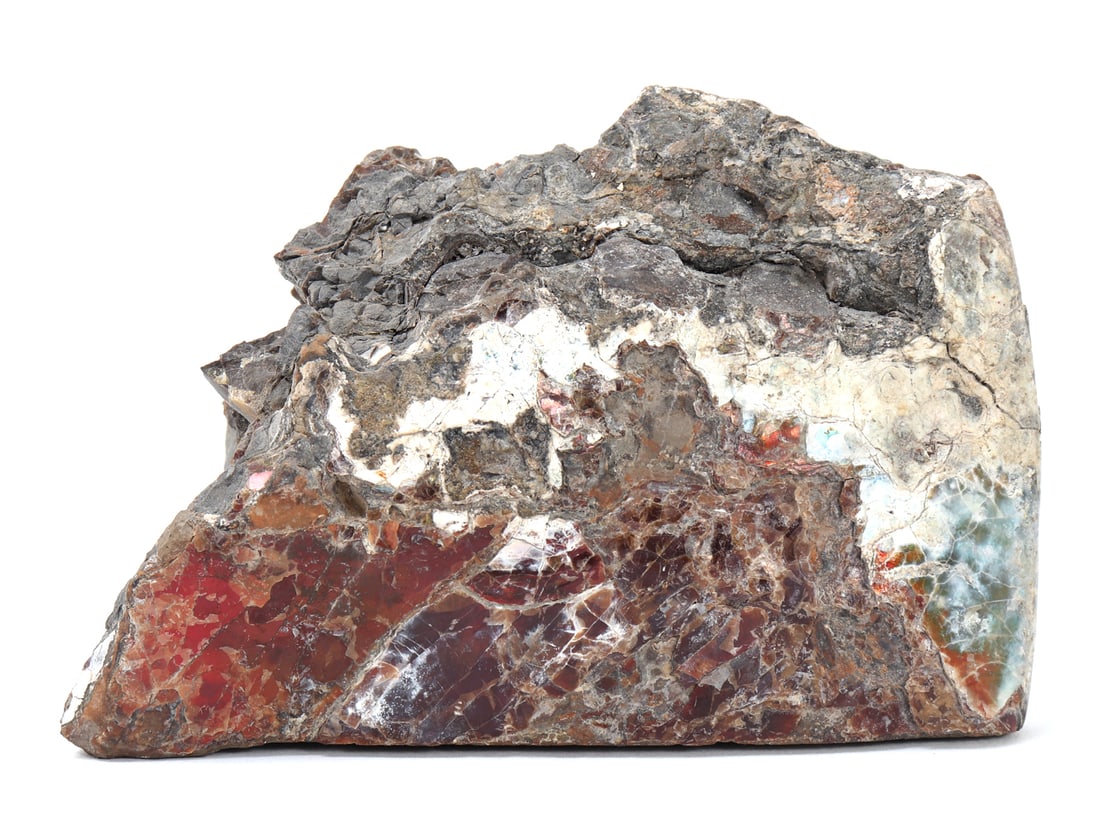 Wonderful Raw Red Jasper Mineral Specimen: Very nice red jasper raw mineral specimen with natural earthen deposits throughout, wonderful inclusions throughout with bright red and green coloring throughout. Size 5" L x 3 1/4" W