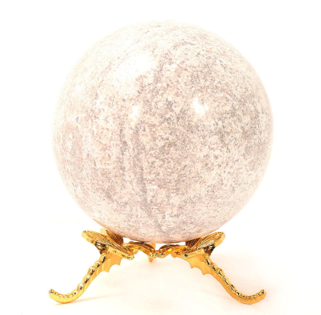 Gorgeous Petrified Wood Sphere on Stand: Beautiful all natural ancient fossilized wood sphere on a beautiful gold painted butterfly stand. Natural crystal inclusions throughout. Size sphere without stand 3" H, with stand 3 3/4" H