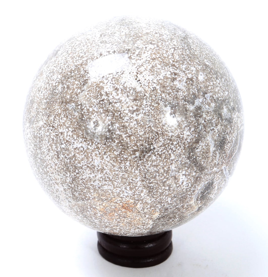 Fine Ancient Dinosaur Bone Sphere w/Stand: Ancient dinosaur bone finely shaped and polished into a lovely sphere for display with a custom wood stand. Lovely earthen tones throughout the sphere with sandy blonde to pure snowcap white colors th