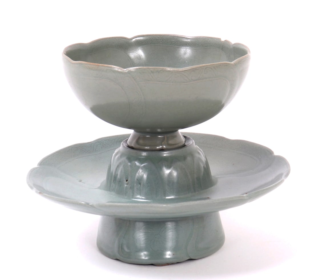 Celadon Crackle Glazed Korean Teacup and Saucer: Beautiful complete set of Korean ceramic teacup and saucer. Lovely flower shaped cup with small pedestal foot for standing on top of the saucer base which is lifted on its own pedestal base. Beautiful