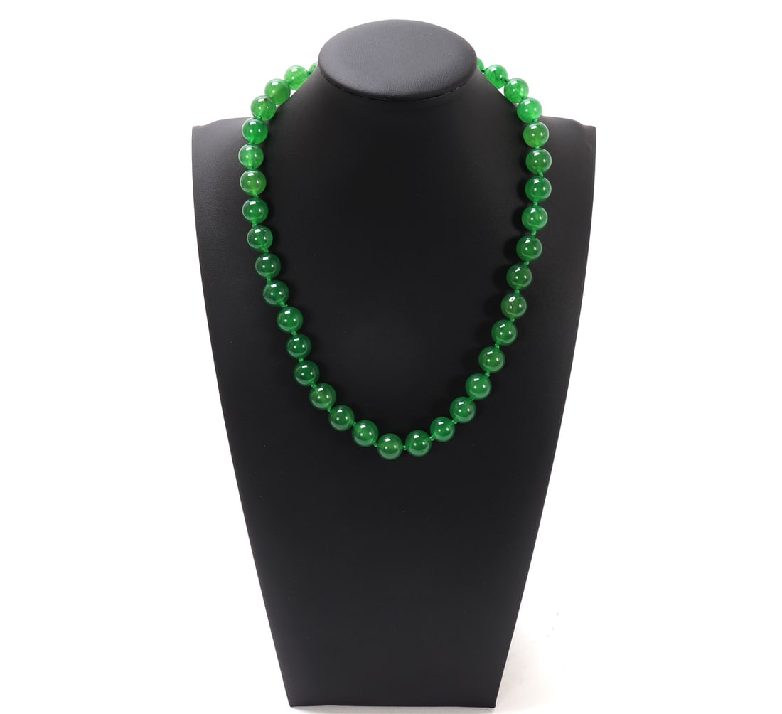 Lovely Light Green Chinese Jade Style Necklace: Beautiful Chinese jade style beaded necklace. Each bead perfectly polished with light green translucent jade style beads, matching silk thread knotted as spacer beads in between. Size 17" L
