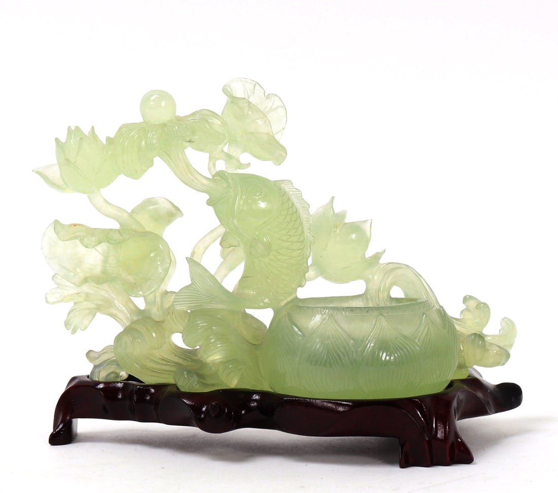 Beautiful Chinese Serpentine Fish, Flowers and Bowl w/Stand (1 of 7)