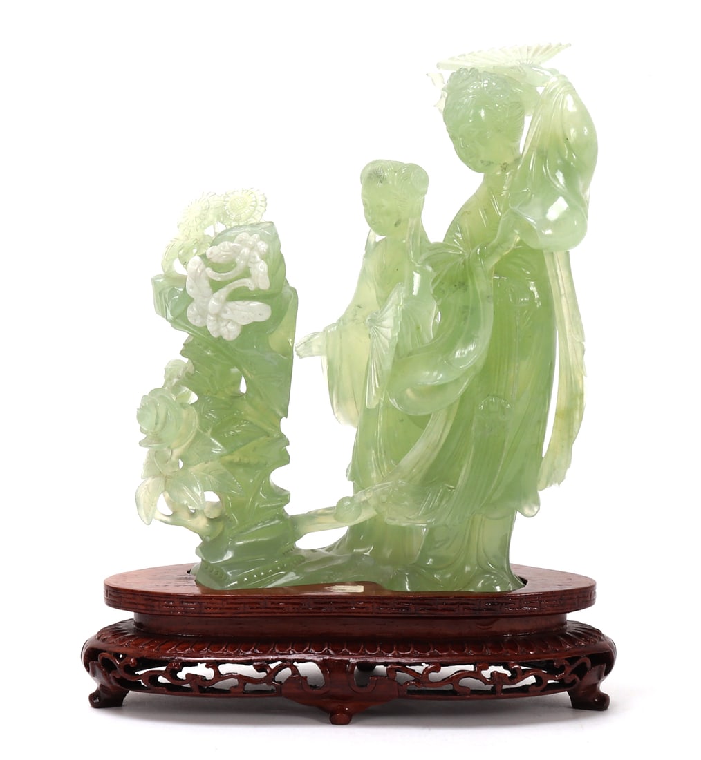 Chinese Serpentine Mother & Daughter Statue w/Stand: Beautiful Chinese serpentine carved statue of a mother and daughter, standing in flowing robes each holding fans, hair pinned high on their heads with flowers and butterflies off to the side.