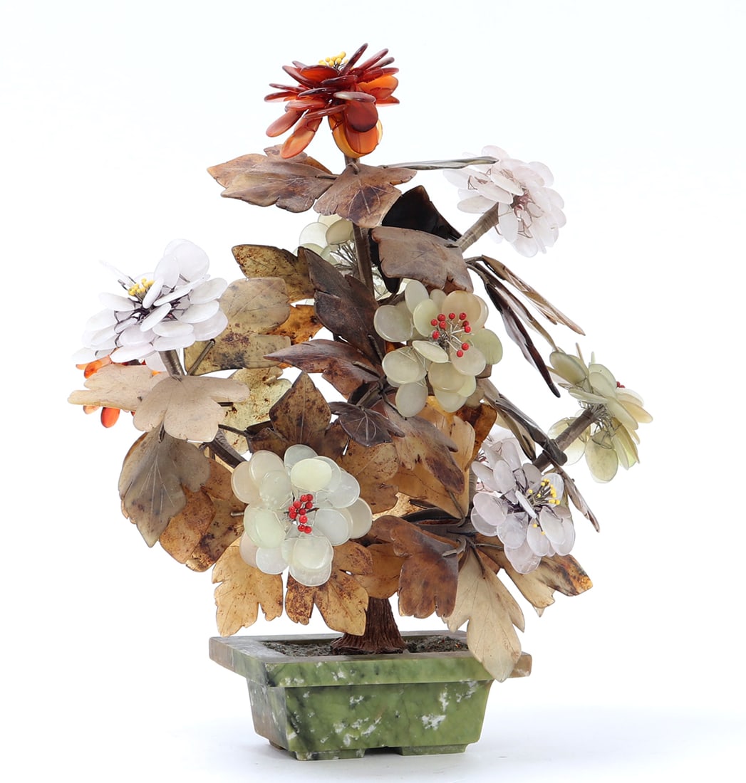 Chinese Jadeite, Rose Quartz, Carnelian and Nephrite Tree: Beautiful Chinese jade tree with various mineral flowers and leaves including rose quartz, carnelian and jade leaves throughout. Mottled green jade colored base. Size 11 3/4" HEx-Southern California