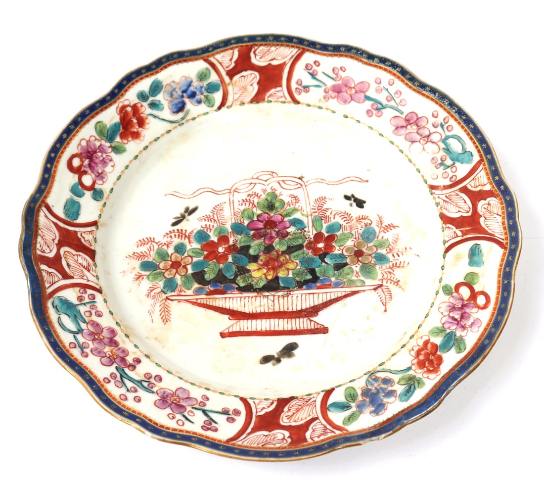Vintage Chinese Export Plate: Beautifully painted multi-colored Chinese export plate probably for the Dutch market with a floral scene and flying butterfly. Size 9" L x 9" W x 1" H, weight 11.9ozEx-Pasadena Estate