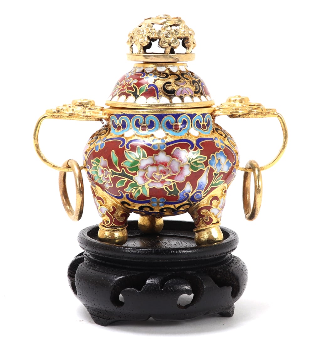 Chinese Miniature Champleve Censer w/Stand: Beautiful Chinese miniature incense burner comprised of three individual pieces that fit perfectly together. Red background with blooming chrysanthemums to the center of the body. Ruyi border in dark