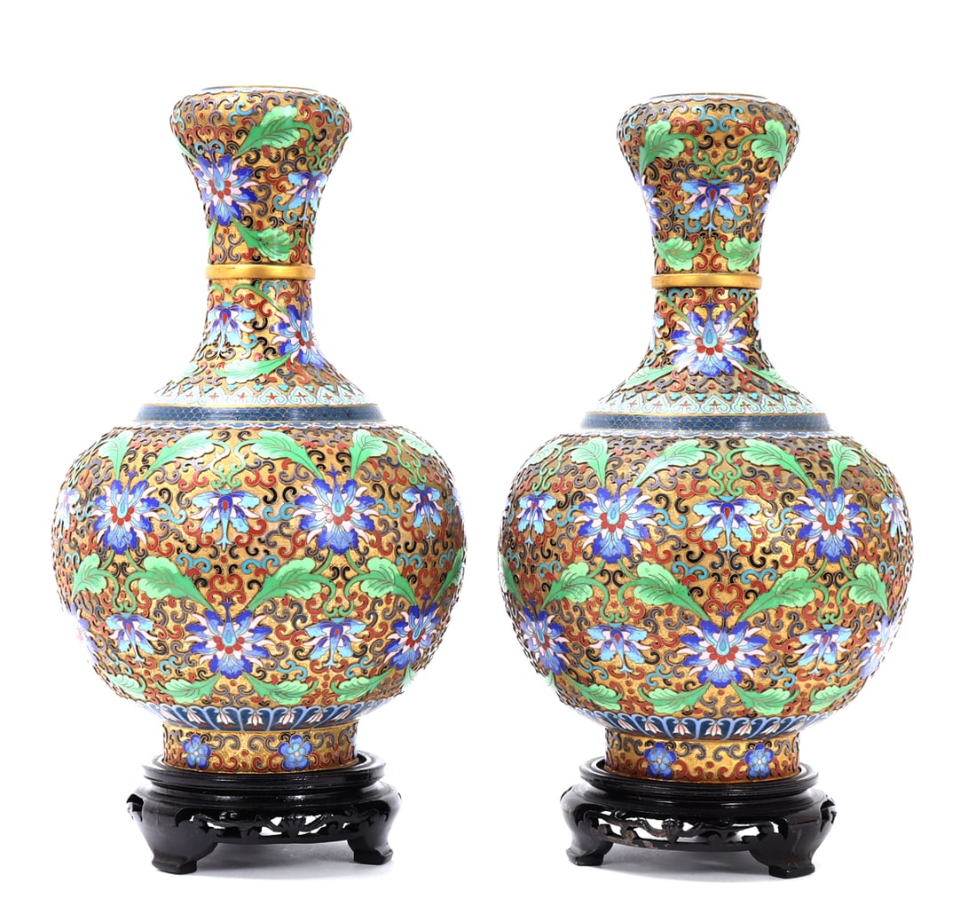 Gorgeous Pair of Chinese Champleve Vases w/Stands: Stunning matched pair of Chinese champleve vases each with incredible detail throughout including butterflies, flowers and leaves throughout. Gold background with bright blue and purple flowers and