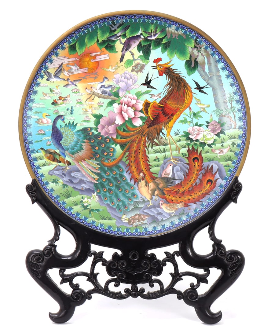 Chinese Cloisonne Charger, Pheonix & Peacock with Custom Stand: Gorgeous Chinese cloisonne charger featuring a beautiful peacock and brightly colored phoenix to the center. Blooming chrysanthemums throughout with dozens of other birds featured throughout. Dark