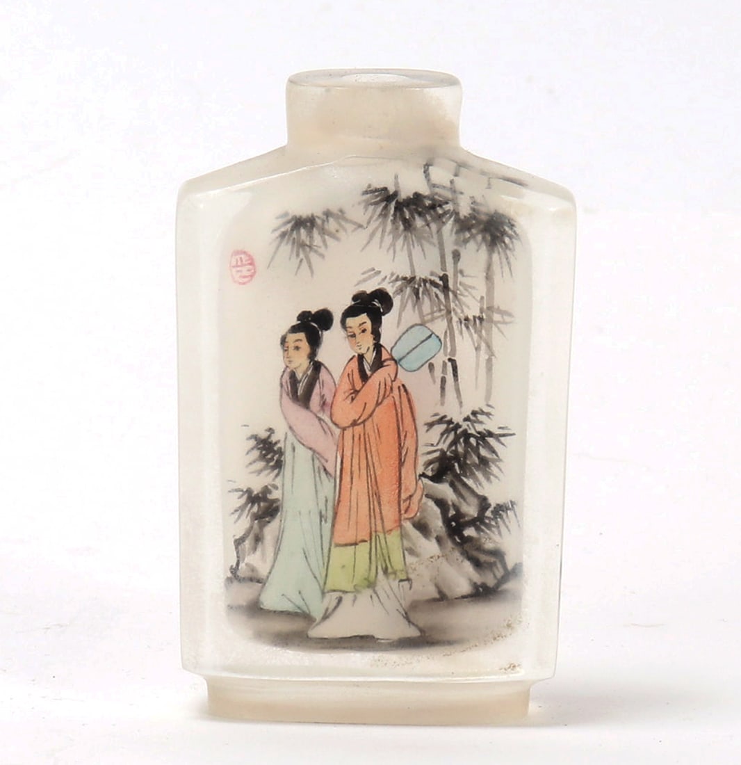 Chinese Rectangular Reverse Painted Glass Snuff Bottle: Nice Chinese reverse painted snuff bottle depicting two lovely ladies in long flowing robes wandering through the forest or a park. Seal mark to upper left face. Size 2 1/2" HEx-Southern California