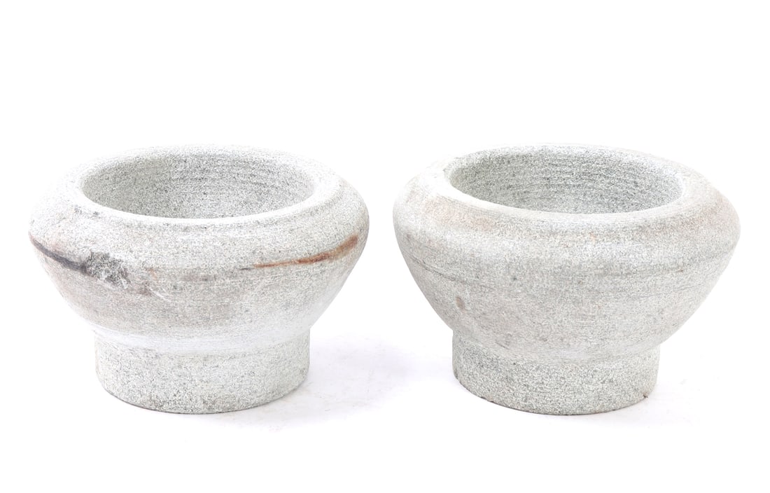 Nice Pair of Stone Carved Mortars: Pair of stone carved heavy mortars. Mortars are ancient made vessels for grinding seasonings and grains into fine powders. Size of each 7 1/8" W, weight of each 7.9 lb.