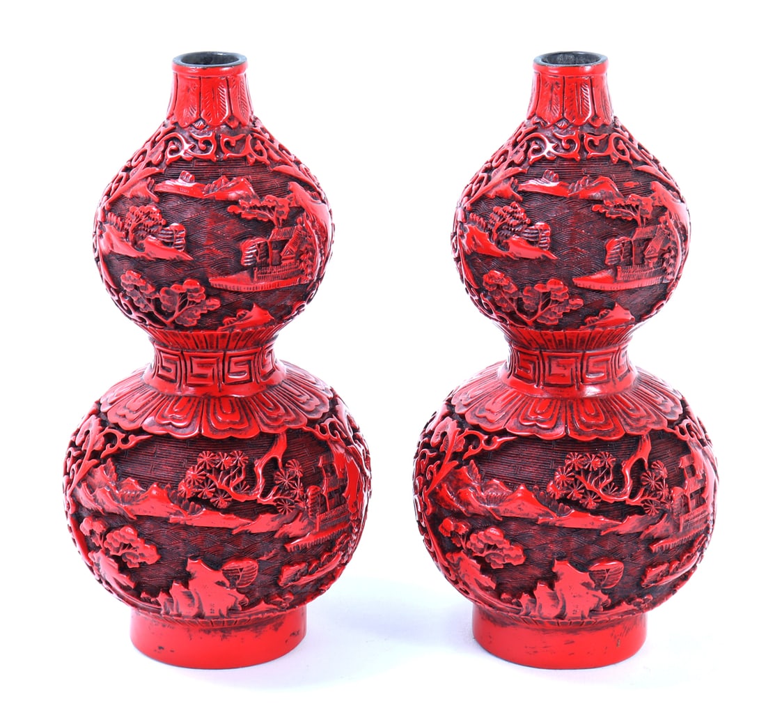 Gorgeous Pair of Chinese Cinnabar Double Gourd Vases: Wonderful early pair of Chinese cinnabar double gourd vases. Intricately carved throughout with a repeating key fret design to the middle, incredible floral details throughout the rest of the body of