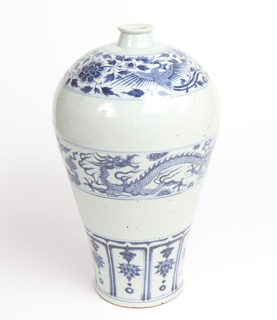 Ming Blue & White Dragon Meiping Porcelain Vase w/Korean Aged Label: Blue and white (dragon and phoenix) meiping vase w/Korean aged Brown Wine Label, Ming Dynasty 1368-1644. Finely painted vase with intricately patterns top band of a phoenix and floral pattern, solid
