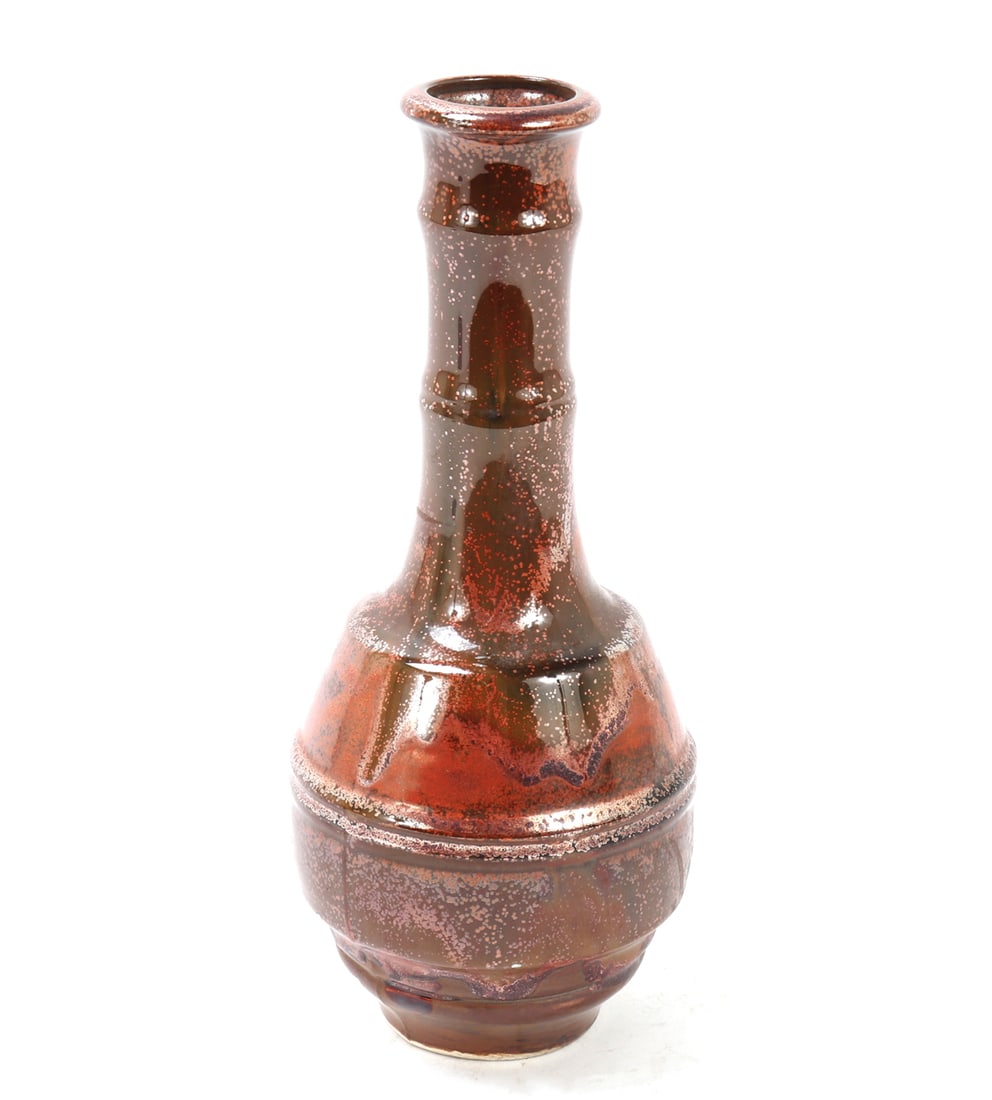 Chinese Bamboo Shaped Porcelain Vase: Chinese porcelain flower vase in a unique bamboo style shape, brown drop glaze with a red undertone. Size 10 1/2" H, weight 656 g