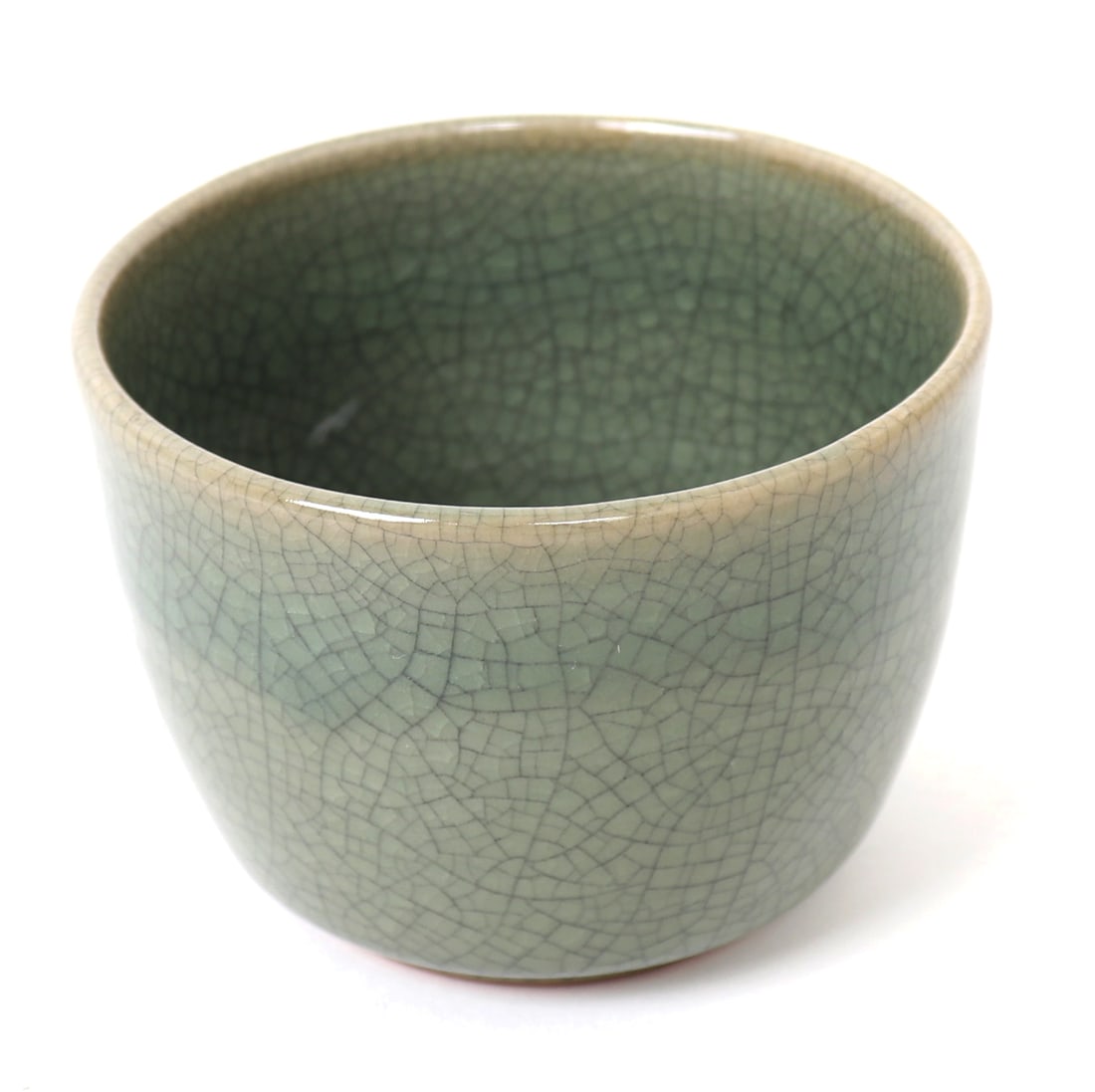 Chinese Celadon Glazed Bowl: Petite Chinese porcelain celadon crackle glazed bowl or cup. Great for night stands or desk tops for rings, coins and trinkets. Size 3" H x 4 1/2" W