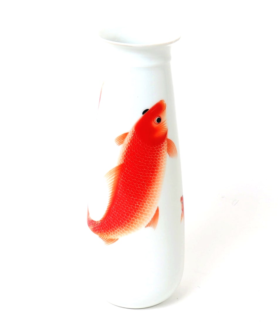 Vintage Chinese Porcelain Koi Fish Vase: Beautifully painted vintage Chinese porcelain Koi fish vase. Bright white vase with a flared rim and painted in vibrant orange hues with several swimming Koi fish with black eyes. 6-character seal