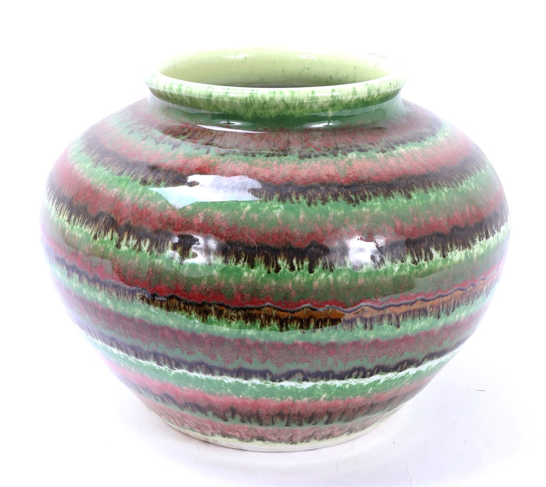Spanish Pattern Tricolor Vessel: Large Spanish Pattern tri color vessel with variations of red, black, and green colors. Size 15 1/4" Weight 16 lb. 14.2 oz
