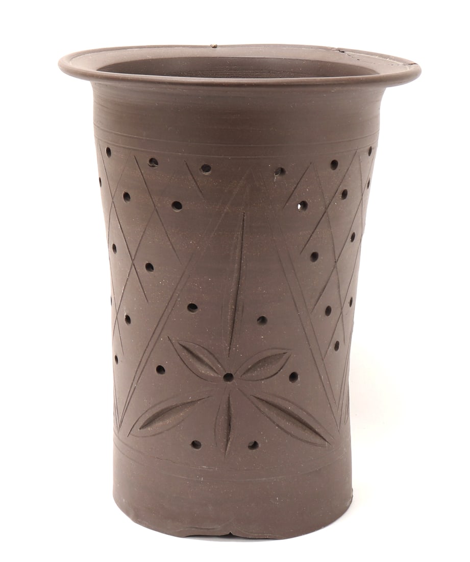 Chinese Porcelain Brown Glazed Orchid Pot: Chinese brown glazed orchid flower pot with a pierced openwork body for easy drainage. Wide body and flared rim. Size 10 5/8" H