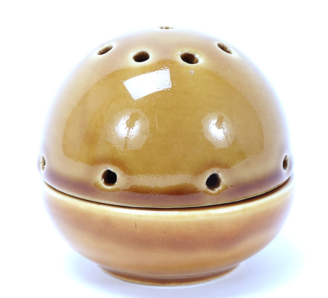 Chinese Olive Green Porcelain Incense Burner: Chinese egg dome shaped porcelain incense burner with open pierce work to the lid to allow the smoke to billow out. Size 3" H