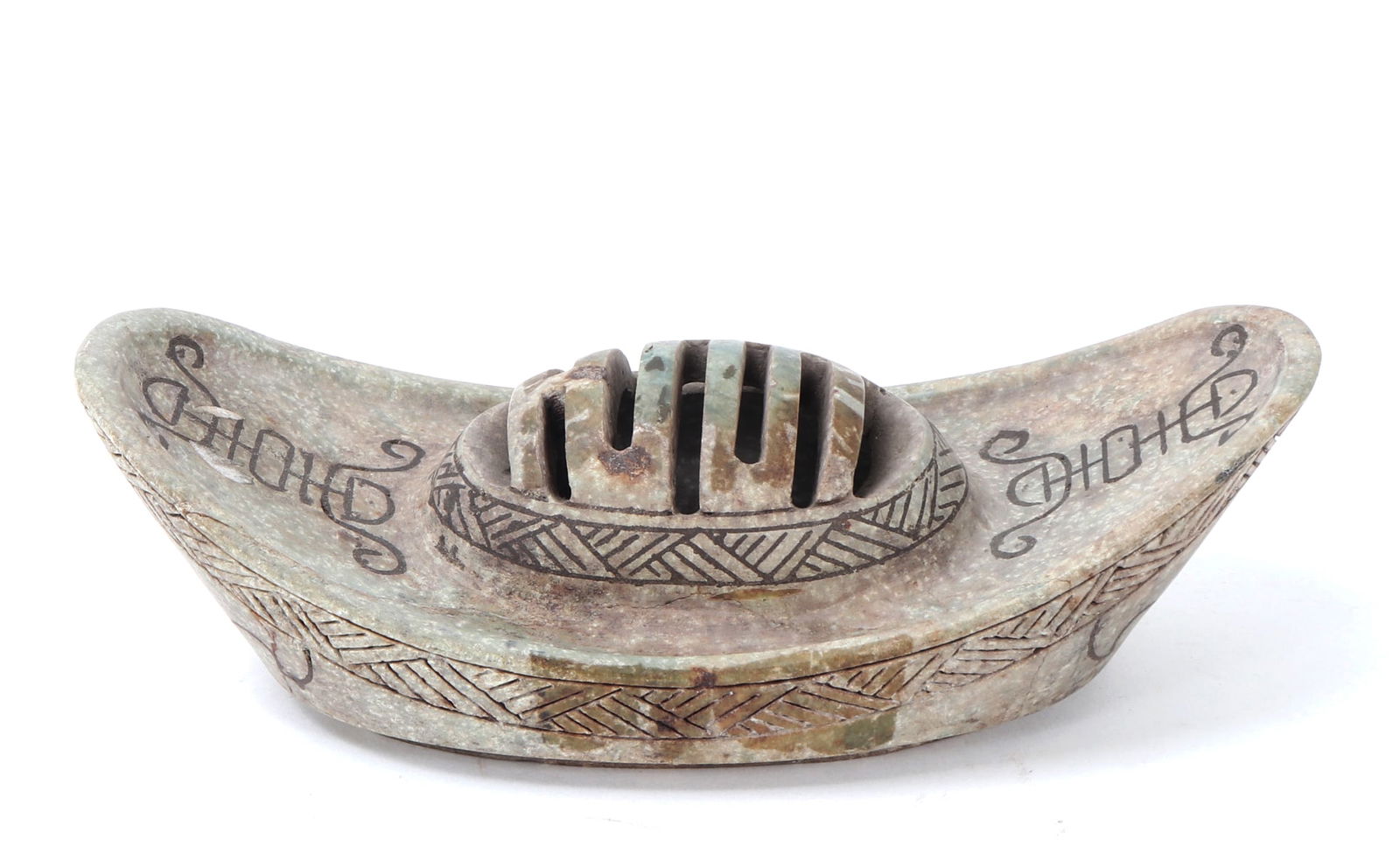 Chinese Incense Burner Lid: Chinese stone carved incense burner lid, decorated all over with incised designs and a slit lid opening to let the smoke out. Size 7 1/2" L