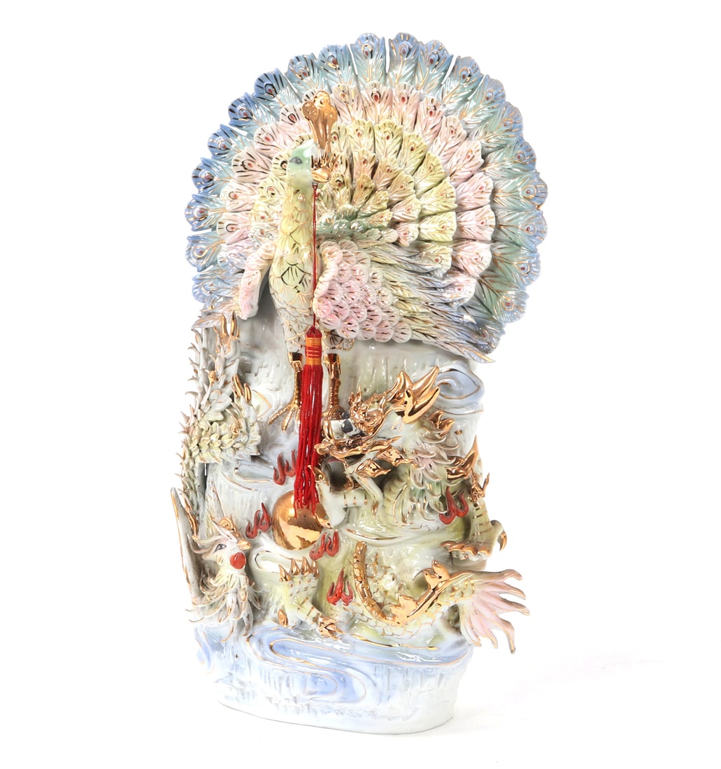 Chinese Porcelain Peacock & Dragon Statue (1 of 4)