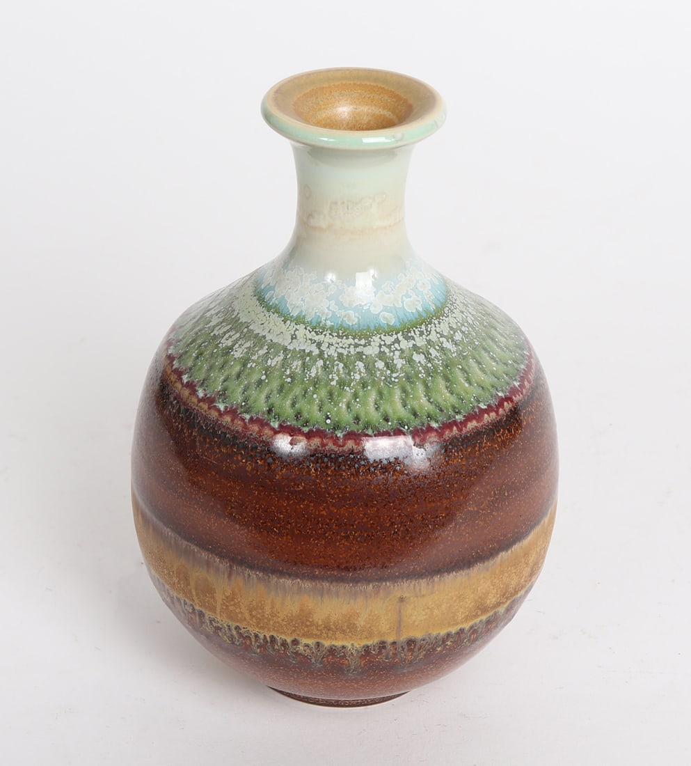Vintage Signed Studio Pottery: Beautifully colored in blue, green, red and orange hues. Signed illegibly on the base. Size 6 3/4" H