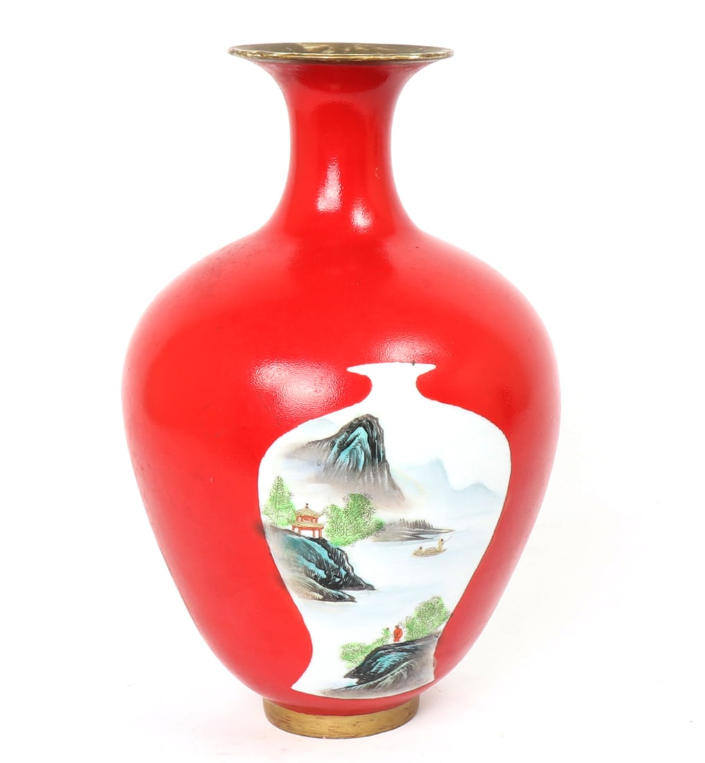 Chinese Porcelain Painted Vase: Vivid bright red painted Chinese vase, with landscape scenes painted to each face. Framed as a vase the landscape scenes are serene and calming, foggy days along the river. Vase has a bulbous body, na
