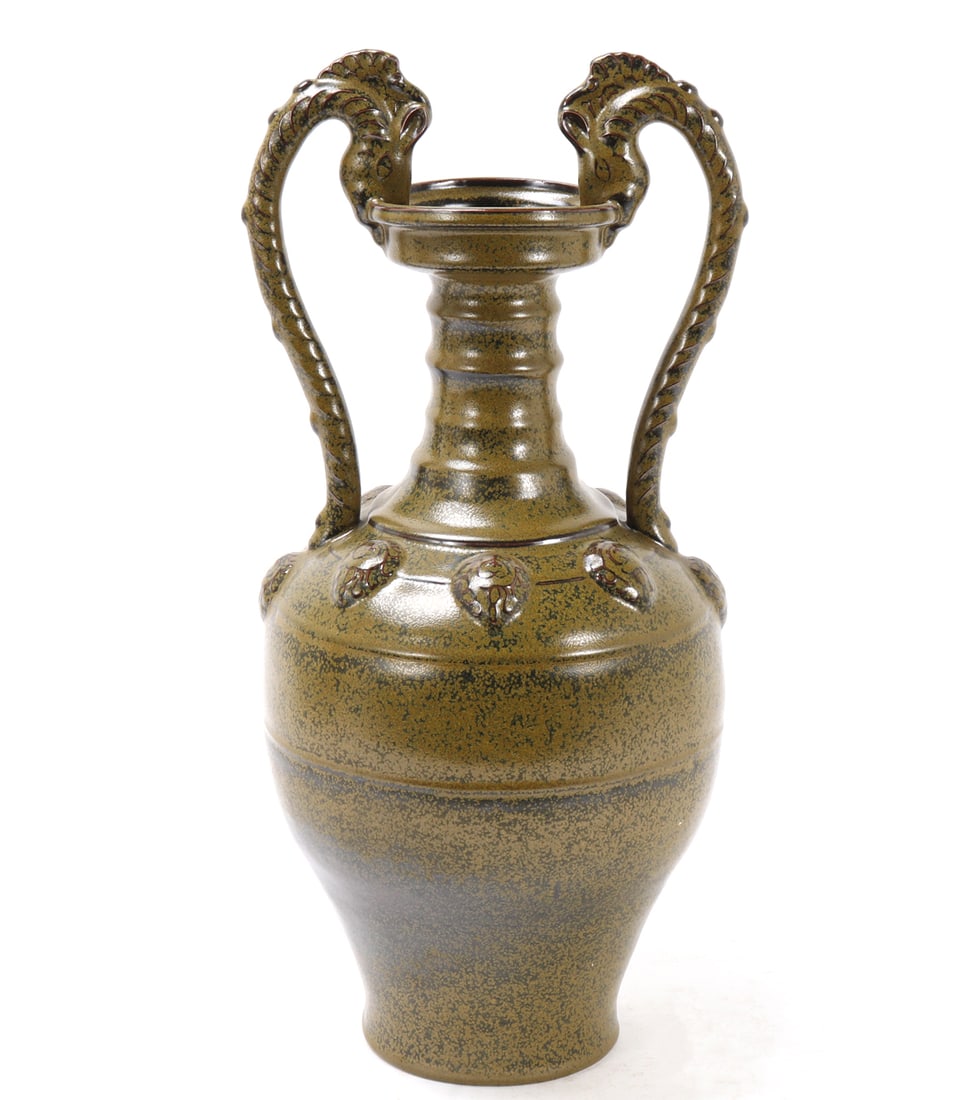 Chinese Olive Green Glazed Vase: Lovely Chinese porcelain olive green glazed vase with double arched handles in the shape of dragons. Squat body with corseted ribbed neck, flared rim. Size 20" H, Weight 6 lb. 13.4 oz