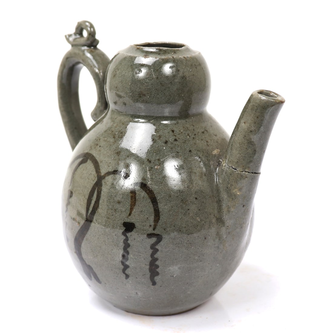 Lovely Chinese Small Teapot: Chinese olive green glazed teapot with tree motifs to each side. Lovely arched handle with snail to the top, double gourd shaped body with short protruding spout. Size 4" L x 3" W x 4" H, weight 7oz