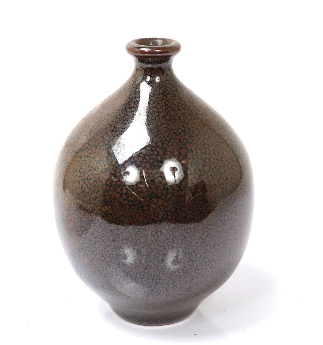 Olive Green Crackle Glazed Chinese Vase: Miniature bulbous bodied Chinese vase, crackle glazed with a beautiful deep olive green color. Short narrow neck with flared rim small raised foot with unglazed base. Size 2 1/2" L x 2 1/2" W x3 1/2"